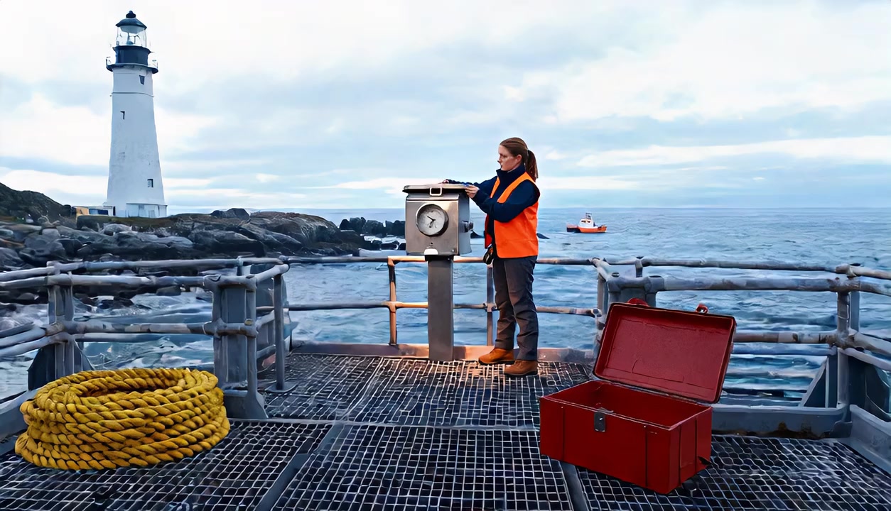 Wide coastal maintenance platform with readable foreground tools, technician, lighthouse, and rescue boat