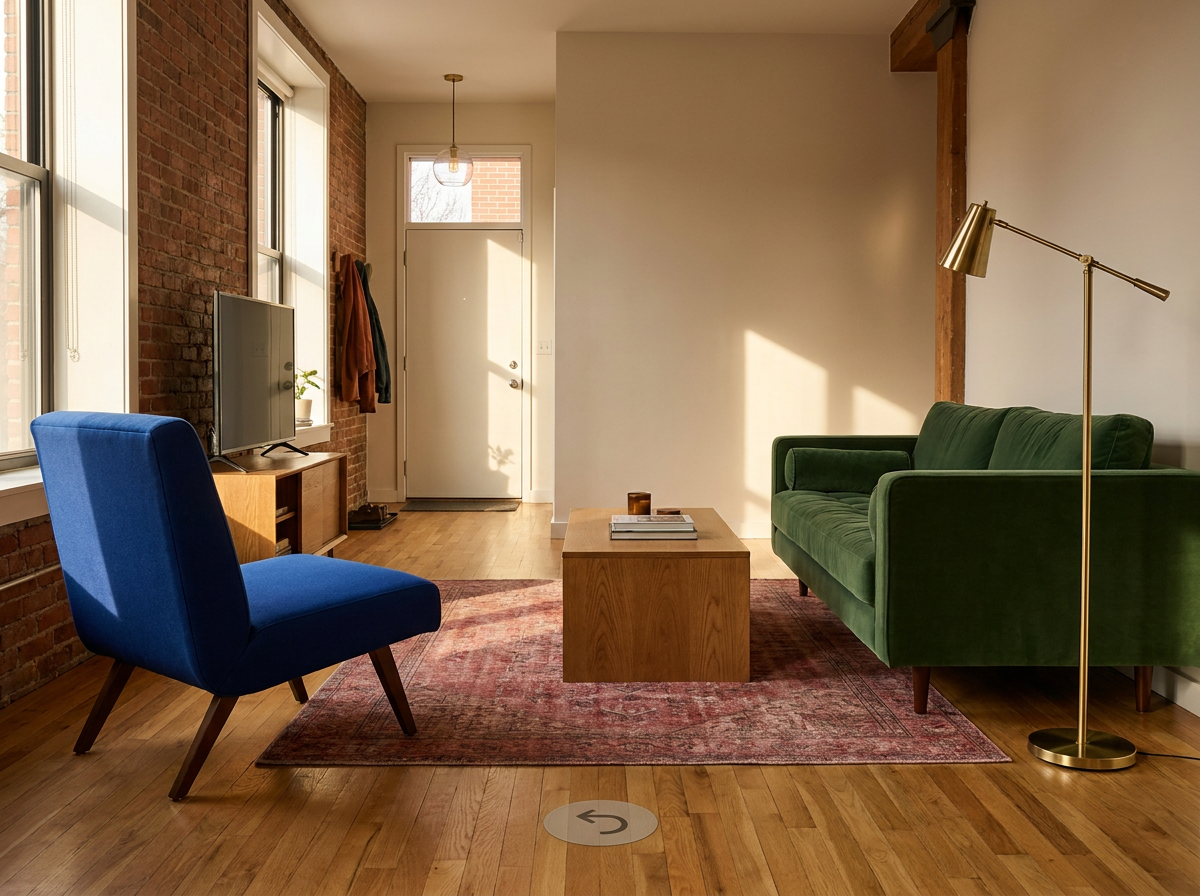 Reverse-angle apartment view with the entrance, blue chair, green sofa, coffee table, rug, and floor lamp