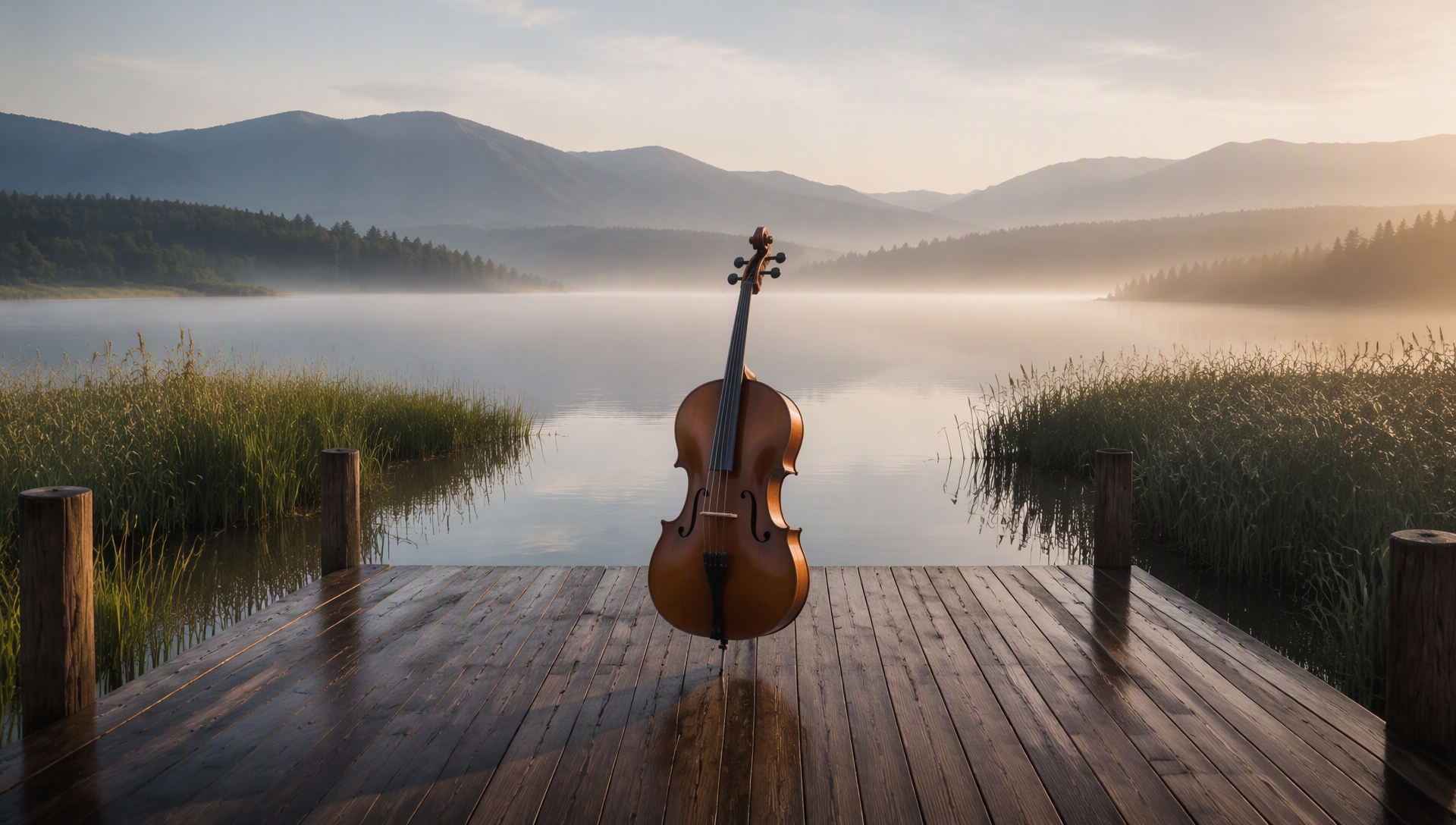 Lakeside cello scene reference for the side-orbit test