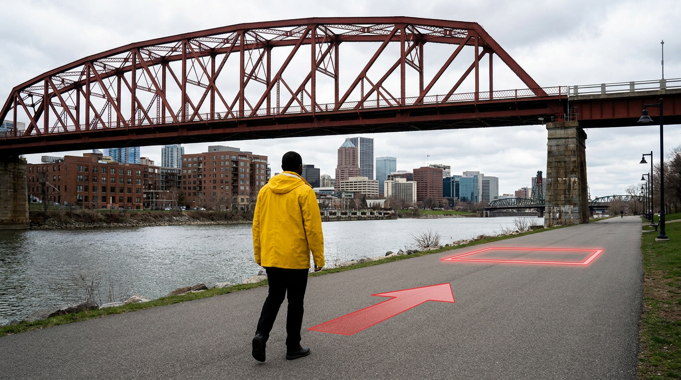 A character following a red direction arrow toward a boxed stopping point