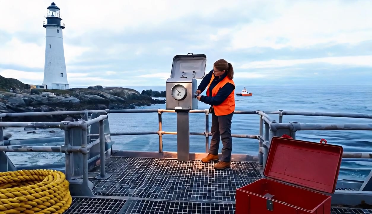 Technician adjusting a coastal weather instrument with the lighthouse and rescue boat visible