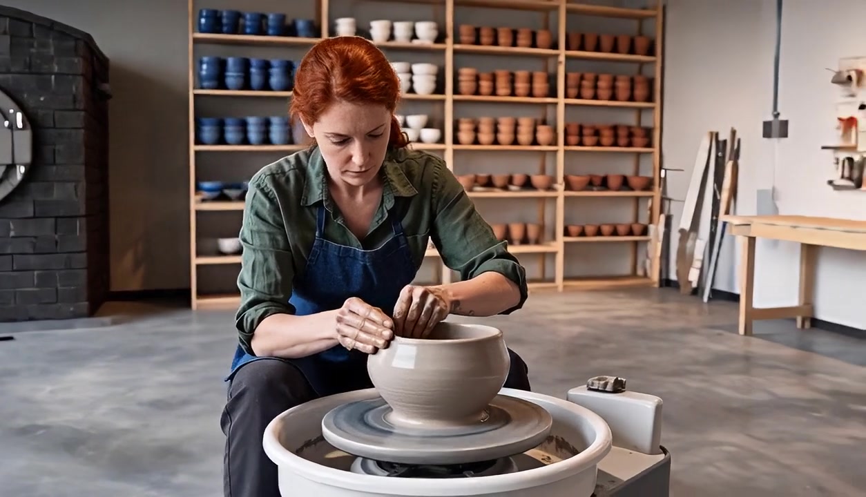 Ceramic artist finishing a bowl with recognizable studio context