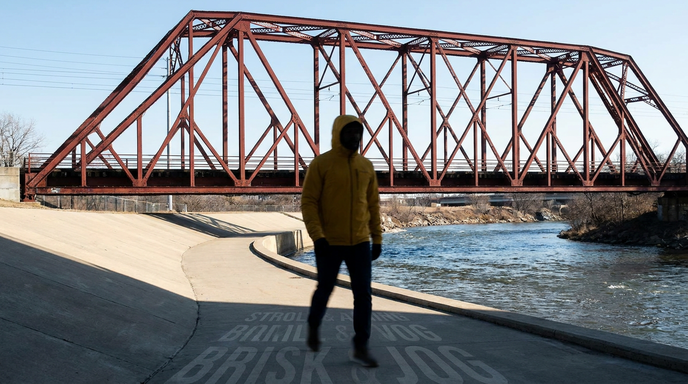 Yellow-jacketed walker on a riverside path beneath a red bridge