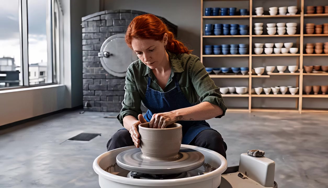 Ceramic artist shaping clay with the kiln and bowl shelves visible