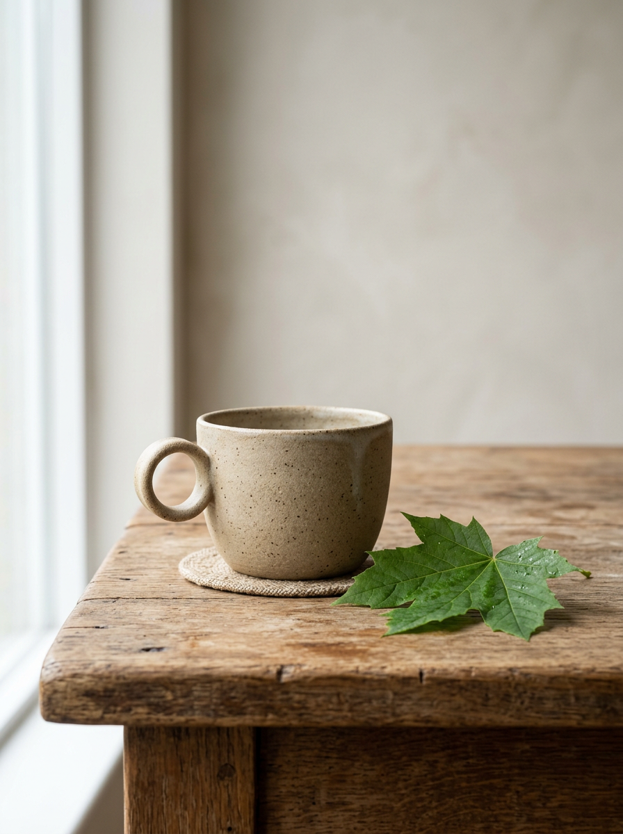 Shared reference image of a handmade ceramic cup on a wooden table