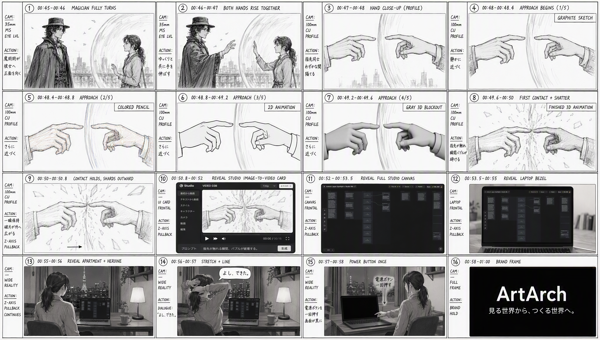 Black-and-white production storyboard